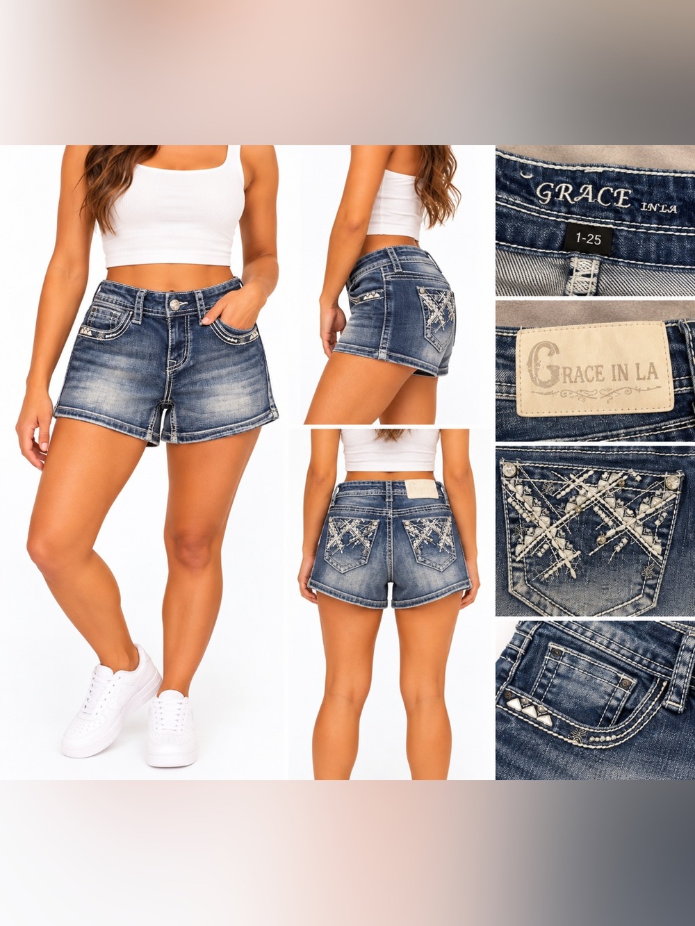 Grace Distressed Embroidered Denim Shorts - Blue size 1